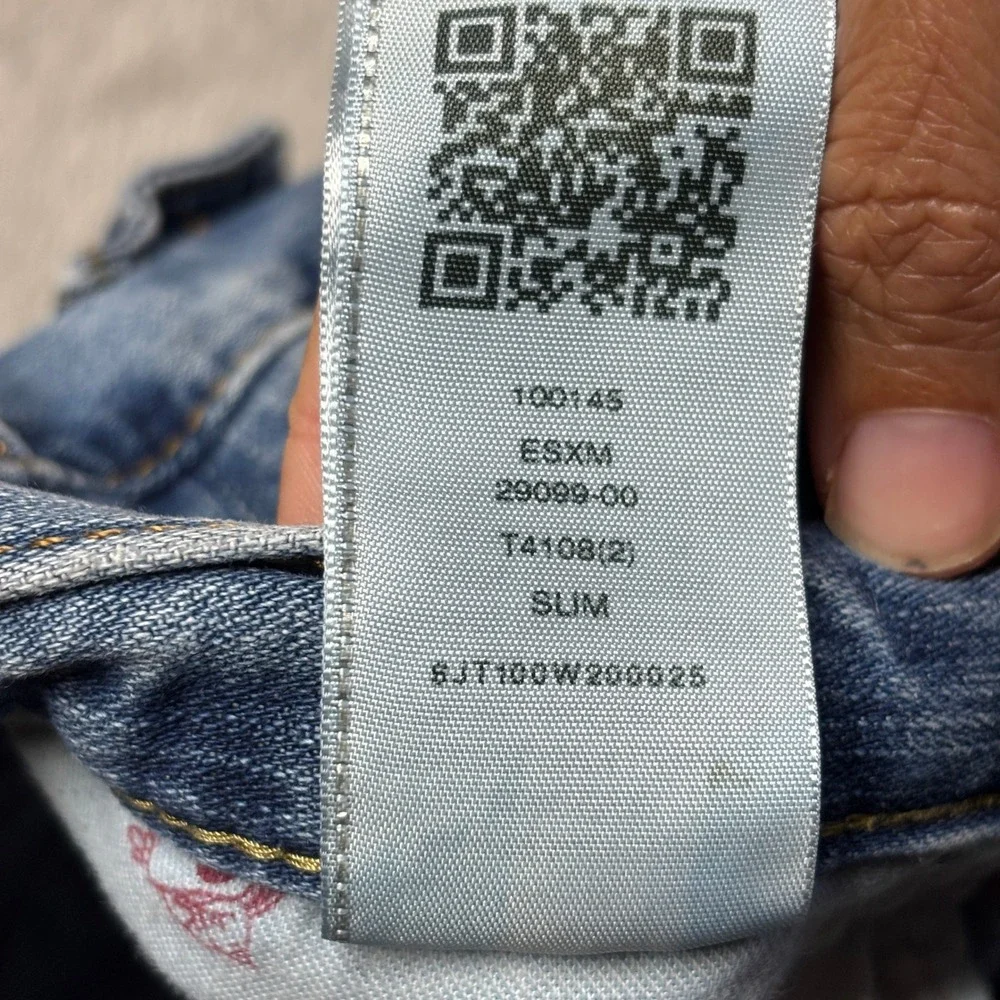 True Religion Slim Fit Blue Denim Jeans Mens 31x33 Flap Pockets Whiskering Fade